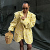 Floral Print Stand Collar Blazer Coat Women Asymmetric Placket Chest Pocket Padded Shoulder Outwear Long Sleeve Suit Jacket