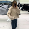 Soft Fleece Jacket For Women Elegant Oversized Lapel Long Sleeve Zipper Cropped Coat Lady Spring Casual Outerwear