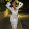 Lace Transparent Sexy Hollow Out Maxi Dress Elegant Outfits Women Flare Sleeve V Neck Dresses Party Club Vestido