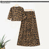 Leopard Print 2 Pieces Sets Woman Street Puff Sleeve Short Tops Wide Leg Pants 2pcs Suits Outfits OL Pant Sets