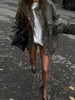 Army Green Multi-pockets Jacket For Women Hiking Long Sleeve Drawstring Waist Military Coats Lady Chic Street Outerwear