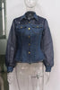 Casual Women's Denim Mesh Puff Sleeve Shirt Blue Jean Button Down Blouse with Pockets Sheer Sleeve Casual Vintage Blouse To