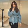 Women's Denim Lace Up Jacket Lapel Neck Waist Cinching Button Front Long Sleeve Coat Spring Femlae Casual Daily Outerwear