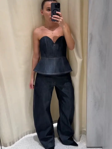Chic Denim Tube Blazer Pants Suits 3 Pieces Women Notched Single Breasted Jacket Wide Leg Trousers Sets Female Office Spring