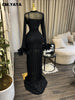 Women Feather Long Sleeve O-neck Ruched Mermaid Long Maxi Dress Street Mesh Sexy Party Cocktail Night Dresses