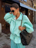 Shiny Stand Collar Short Jacket Women Puff Sleeve Drawstring Waist Cinching Pleated Jackets Autumn Causal Lady Outerwear