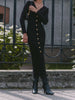 Elegant Evening Dress Women V Neck Long Sleeve Patchwork Button Slit Sweater Dresses Autumn Winter Knit Maxi Dress