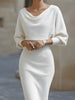 Spring Women's Elegant Dress High Waist O-neck 7-quarter Sleeves Slim Simple Office Solid Color Female Mid-length Skirt