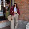 Women Stand Collar Leather Pilot Jacket Red Zipper Cropped Coat Casual Outerwear Streetwear