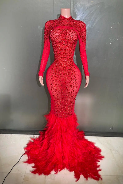 Yiling Sparkling Red Crystal Feather Mermaid Long Sleeve Long Dress Women's Formal Occasion Wedding Celebration Party