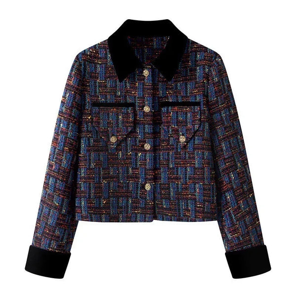 French Retro Color Contrast Small Fragrant Wind Short Coat Women Spring Autumn Slim Tweed Temperament Top Female