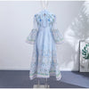 Floral Print Women Dress Button Down Mock Neck Maxi Dresses Long Lantern Sleeve A-Line Waist Belt Flared Hem Elegant Streetwear