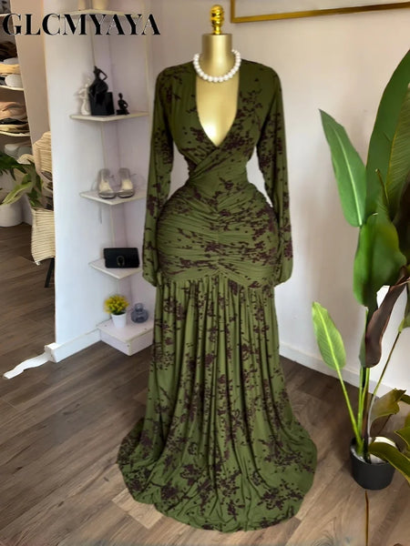 Women Floral Velvet Long Sleeve Wrap V-neck Stacked Ruched Mermaid Maxi Dress Birthday Holiday Long Dresses Vestidos