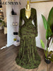 Women Floral Velvet Long Sleeve Wrap V-neck Stacked Ruched Mermaid Maxi Dress Birthday Holiday Long Dresses Vestidos