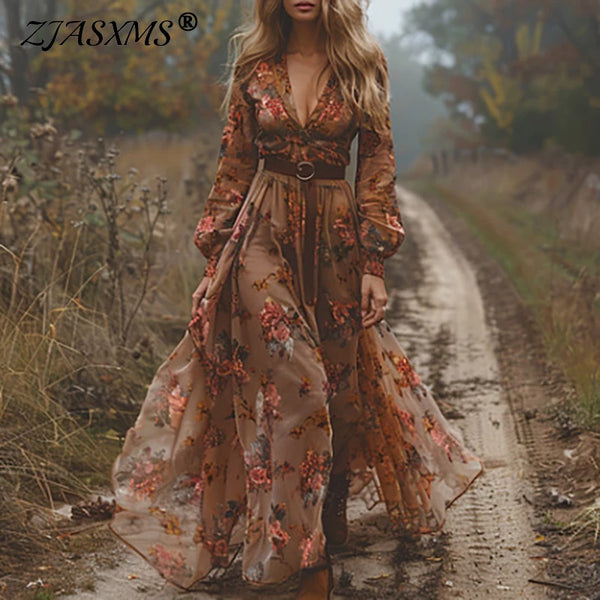 Ethnic Vintage Floral Print V-neck Long Dress Women Spring High Waist Loose Bohemian Dress Autumn Long Sleeve Party Maxi Dresses