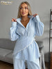 Loose Blue Stripe Women's 3 Pieces Set Elegant Long Sleeve Shirt + Corset With High Waist Wide Pants Set