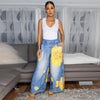 Women Fake Denim 3D floral Print Loose Wide Leg Jogger Pants Streetwear Active Hip Hop Sweatpants Trousers