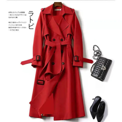 Women's Trench Coat Autumn Korean Long Jacket with Belt Solid Double-breasted British Style Khaki Coat For Women Red Blue