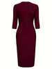 Womens Elegant Round Neck 2/3 Sleeve Work Office Knee Length Solid Business Casual Party Ruched Pencil Bodycon Sheath Dress