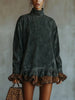 Turtleneck Leopard Trim Dress for Women's Long Sleeve Suede Velvet Flare Sleeve Casual Retro Loose Straight Mini Dresses