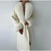 White Fur Patchwork Lace-up Overcoats Women's Street V-neck Full Sleeve Long Woolen Coat Winter Ladies Thick Outwear