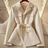Buttons Lapel Women's Suit Jacket Spring Autumn Temperament Ladies Blazer with Belt Korean Versatile Lady Outerwear