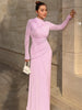 Elegant Pink Irregular Pleated Maxi Dress Women O-Neck Long Sleeve Ruched Slim Long Dress Wedding Guest Evening Party Robes