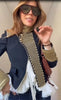 Retro Stand Collar Napoleon Slim Jacket Women Chic Navy Style Full Sleeve Gold Embroidered Coat Lady High Street Outwear