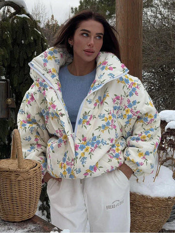 Thicken Women Puffer Jacket Oversize Stand Up Collar Zipper Floral Print Warm Cotton Filled Coat Autumn Winter