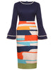 Womens Flare Long Sleeve Geometry Print Crew Neck Knee Length Patchwork Business Casual Party Midi Pencil Bodycon Sheath Dress