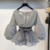 Women Elegant Sets V-Neck Stripe Lantern Sleeve Bow Belt Chiffon Shirt & Blouse Top Korean Ripped Jeans Office Lady Casual Suits