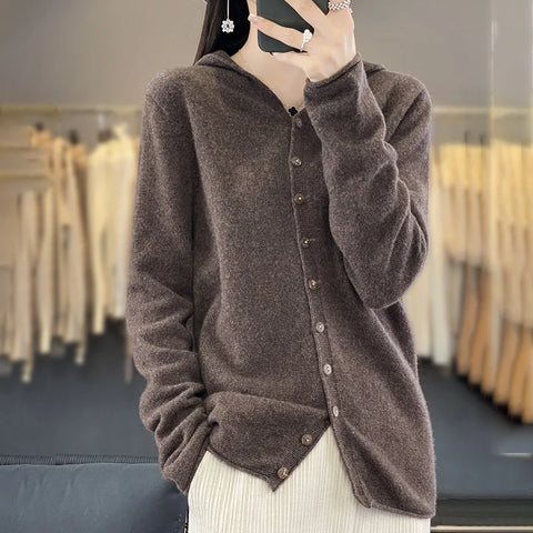 100% Merino Wool Sweater Cardigan Women Korean Coat Solid Color Top Spring/Autumn/Winter Women Hooded Cardigan