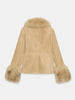 Women Vintage Floral Jacquard Faux Fur Trim Jacket V Neck Single Button Furry Cuff Cropped Coats Vintage Winter Warm Party Coat
