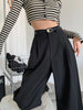 Fall Winter Elegant Gray Suits Pants for Women Office Lady High Waist Wide Leg Trousers with Pockets Black Pants