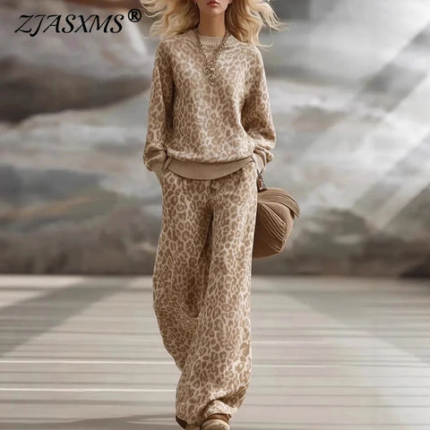 Vintage Leopard Print 2 Piece Sets Woman Elegant O Neck Sweatshirt & Wide Leg Trousers Suit Fall Winter Long Sleeve Loose Outfit