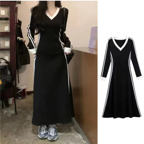 Women Autumn Midi Dresses Black Vintage Simple Y2K V-neck Korean Preppy Style Elastic Long Sleeved A-Line Sports Dress