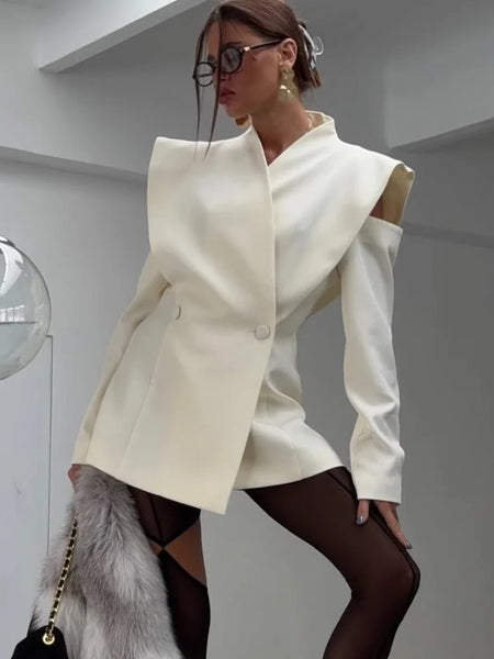 Women White Wide Shoulder Blazer Coat Chic Full Sleeve V-neck Waist Cinching Hollow Out Coats Lady Spring Autumn Outwear