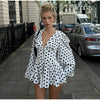 Polka Dot Puff Sleeve Dress Women's V-neck Waist Cinching Pleated Mini Dresses Spring Lady Elegant Casual Wear