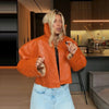 Street Print Pu Leather Women Jacket Stand Collar Long Sleeve Patchwork Female Coat Autumn Winter Lady Streetwear