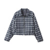 Women Casual Plaid Shorts Set Lapel Long-sleeved Zipper Jacket Short Pants Suit Lady Spring Daily Loose Outfits