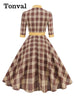 Mock Neck Bowknot Plaid 50s Vintage Dresses for Women 3/4 Length Sleeve Autumn Winter Elegant Pockets Midi Dresses