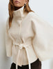 Women's Brown Belt Cropped Poncho Jacket For Women Demi-season Button Cape Cloak Coat Jackets Winter Autumn Spring Black White
