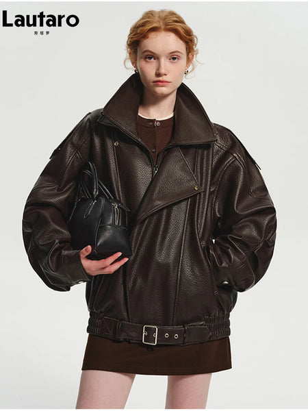 Spring Autumn Cool Brown Oversized Pu Leather Jacket Women Long Sleeve Zip Up Designer American Retro Clothing
