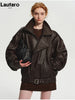 Spring Autumn Cool Brown Oversized Pu Leather Jacket Women Long Sleeve Zip Up Designer American Retro Clothing