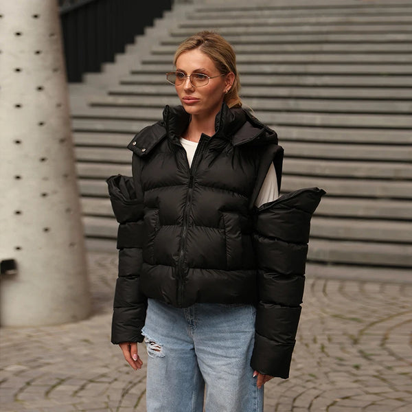 Two Wear Women's Winter Jacket Detachable Sleeve Padded Coat Stand Collar Hooded Puffer Coat Short Padded Coat Padded Vest