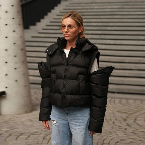 Two Wear Women's Winter Jacket Detachable Sleeve Padded Coat Stand Collar Hooded Puffer Coat Short Padded Coat Padded Vest