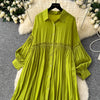 Spring Vintage Loose Dresses Women Lantern Sleeve Turn-down Collar Solid Single Breasted Casual Folds Long Dress