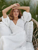 100% Cotton V-neck Waist Cinched Dress Unique Lantern Sleeve Sexy Slit Long Skirt Women's Casual Dresses