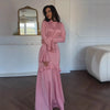 High Neck Ruffled Bell Sleeve Belted Waist Tiered Hem Elegant Maxi Dress Women Formal Evening Gown