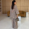 Loose Plaid Shirt Pants Two-piece Set Three Quarter Sleeve Oversize Blouses Wide Leg Pants Suit Women Casual Sets
